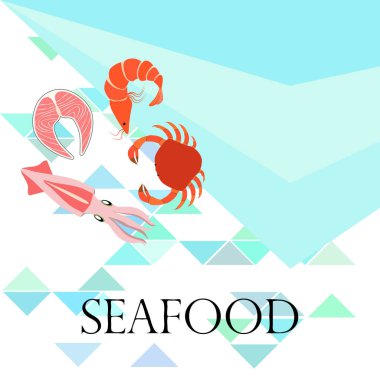 Balık, karides, yengeç, mürekkep balığı. Deniz ürünleri. Yemek ve restoran tasarımı.