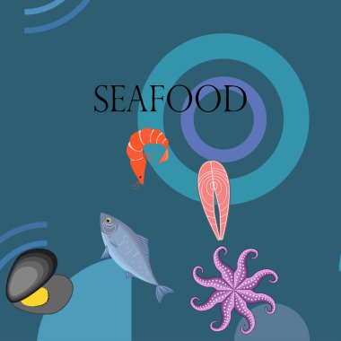 Deniz ürünleri vektör illüstrasyonu. Taze deniz balığı, midye, karides, ahtapot..