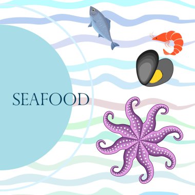 Deniz ürünleri vektör illüstrasyonu. Taze deniz balığı, midye, karides, ahtapot..