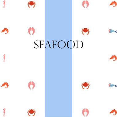 Balık, karides, yengeç, mürekkep balığı. Deniz ürünleri. Yemek ve restoran tasarımı.