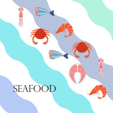 Balık, karides, yengeç, mürekkep balığı. Deniz ürünleri. Yemek ve restoran tasarımı.