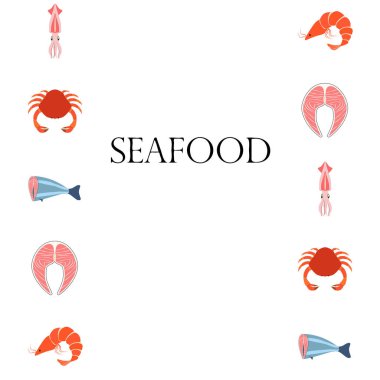 Balık, karides, yengeç, mürekkep balığı. Deniz ürünleri. Yemek ve restoran tasarımı.