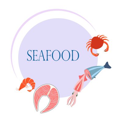 Balık, karides, yengeç, mürekkep balığı. Deniz ürünleri. Yemek ve restoran tasarımı.