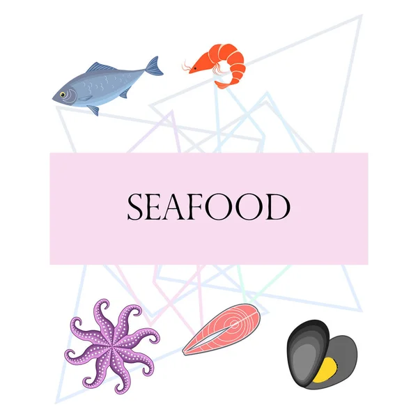Seafood Vector Illustration Fresh Sea Fish Mussel Shrimp Octopus — Stock Vector