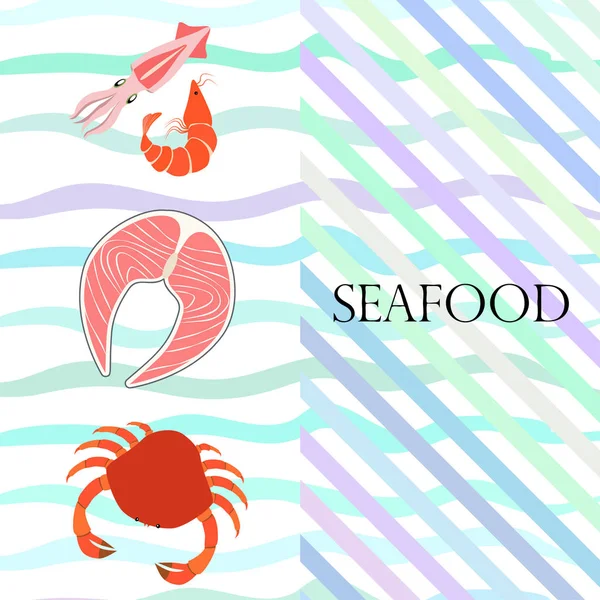 Peixe, camarão, caranguejo, squid.Vector frutos do mar. Design de comida e restaurante. — Vetor de Stock