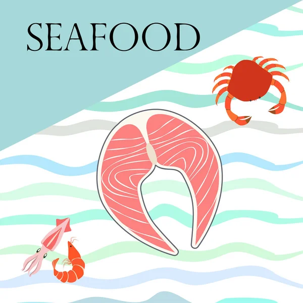 생선, 새우,게, 오징어, 벡터 해산물. 식품 과 식당 디자인. — 스톡 벡터