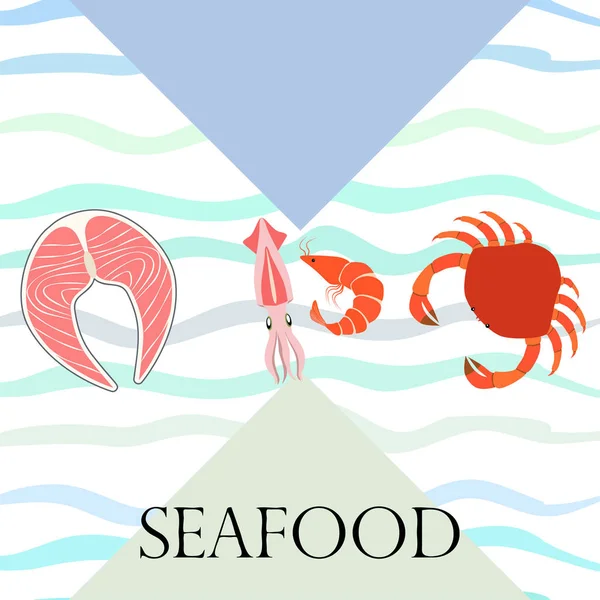 Pescado, camarones, cangrejo, calamar. Diseño de comida y restaurante. — Vector de stock