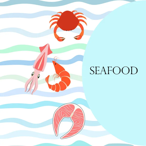 Ryby, krevety, krab, oliheň. Vektorové mořské plody. Jídlo a design restaurace. — Stockový vektor