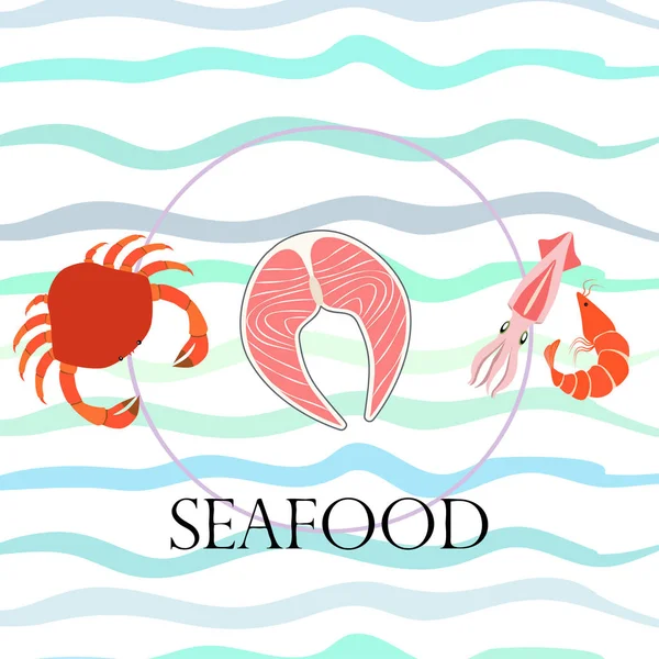 Pescado, camarones, cangrejo, calamar. Diseño de comida y restaurante. — Vector de stock