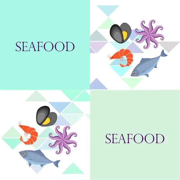 Векторная иллюстрация морепродуктов. Свежая морская рыба, мидия, креветки, осьминог. — стоковый вектор