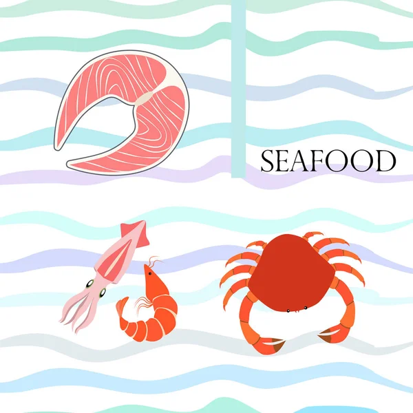 Pescado, camarones, cangrejo, calamar. Diseño de comida y restaurante. — Vector de stock