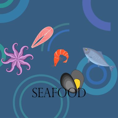 Deniz ürünleri vektör illüstrasyonu. Taze deniz balığı, midye, karides, ahtapot..