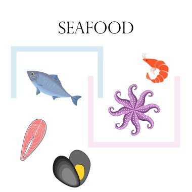 Deniz ürünleri vektör illüstrasyonu. Taze deniz balığı, midye, karides, ahtapot..