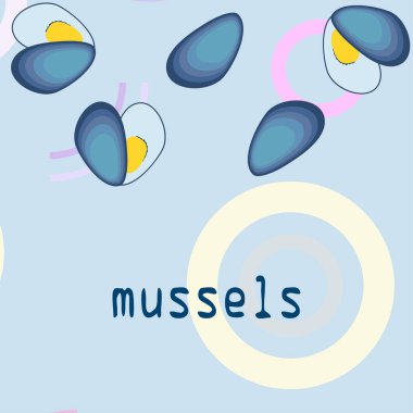 Midyeler taze deniz ürünleri. Vektör arka planı. Yemek ve restoran tasarımı.