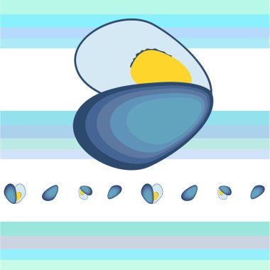 Midyeler taze deniz ürünleri. Vektör arka planı. Yemek ve restoran tasarımı.