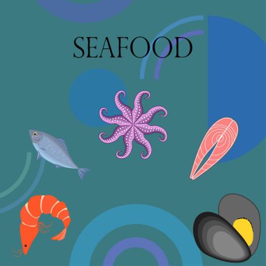 Deniz ürünleri vektör illüstrasyonu. Taze deniz balığı, midye, karides, ahtapot..
