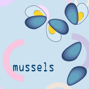 Midyeler taze deniz ürünleri. Vektör arka planı. Yemek ve restoran tasarımı.