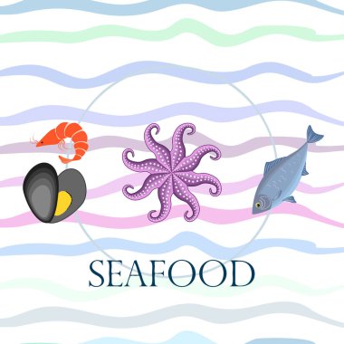 Deniz ürünleri vektör illüstrasyonu. Taze deniz balığı, midye, karides, ahtapot..