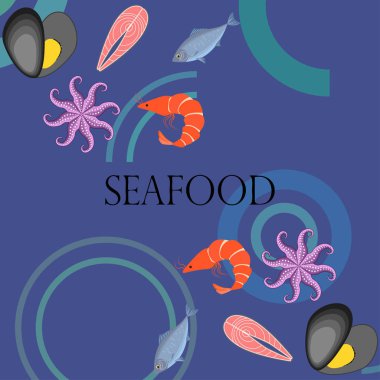 Deniz ürünleri vektör illüstrasyonu. Taze deniz balığı, midye, karides, ahtapot..