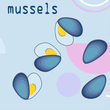Midyeler taze deniz ürünleri. Vektör arka planı. Yemek ve restoran tasarımı.