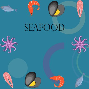 Deniz ürünleri vektör illüstrasyonu. Taze deniz balığı, midye, karides, ahtapot..