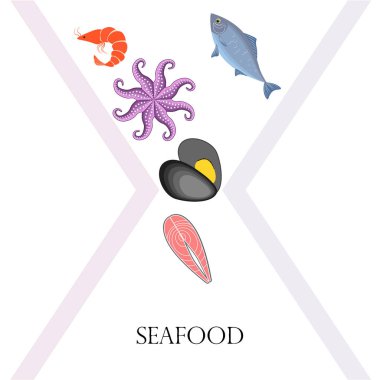 Deniz ürünleri vektör illüstrasyonu. Taze deniz balığı, midye, karides, ahtapot..