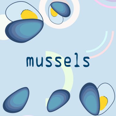 Midyeler taze deniz ürünleri. Vektör arka planı. Yemek ve restoran tasarımı.