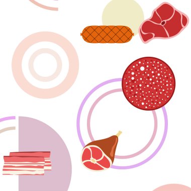 Sosis, biftek, bütün ayak, pastırma, taze et. Çiftlik mağazası konsepti için görüntü. Vektör arka planı.