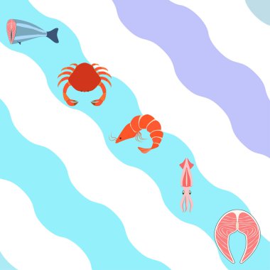 Balık, karides, yengeç, mürekkep balığı. Deniz ürünleri. Yemek ve restoran tasarımı.