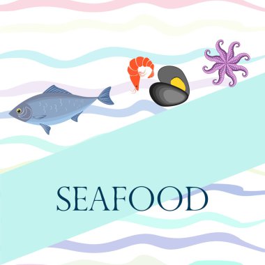 Deniz ürünleri vektör illüstrasyonu. Taze deniz balığı, midye, karides, ahtapot..