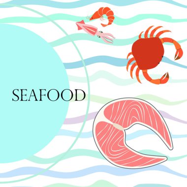 Balık, karides, yengeç, mürekkep balığı. Deniz ürünleri. Yemek ve restoran tasarımı.