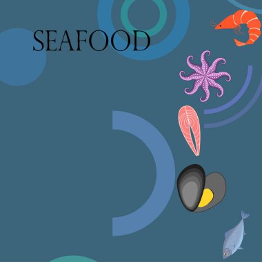 Deniz ürünleri vektör illüstrasyonu. Taze deniz balığı, midye, karides, ahtapot..