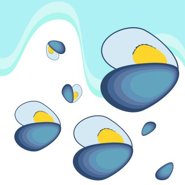 Midyeler taze deniz ürünleri. Vektör arka planı. Yemek ve restoran tasarımı.