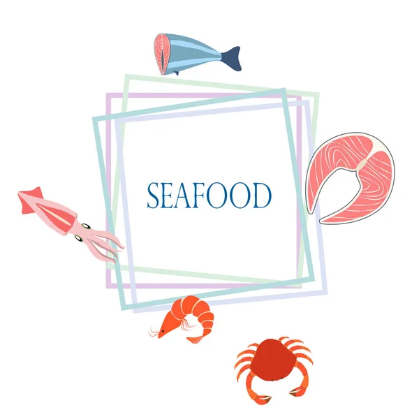 Ryby, krevety, krab, oliheň. Vektorové mořské plody. Jídlo a design restaurace. — Stockový vektor