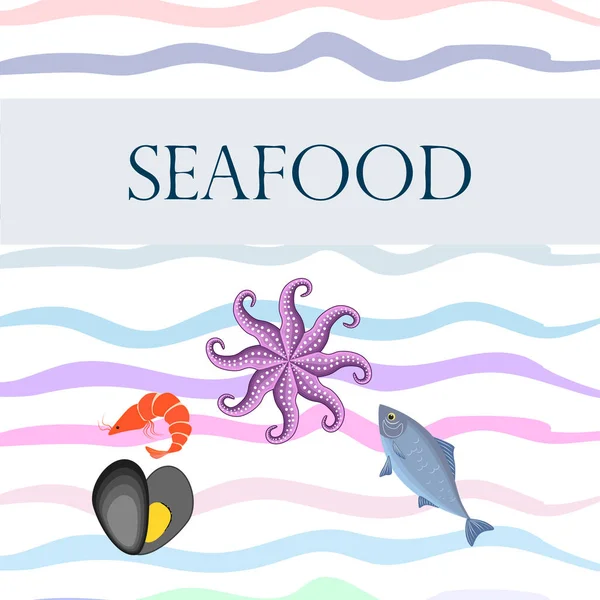 바다 음식 벡터 일러스트. 민물 물고기, 홍합, 새우, 문어. — 스톡 벡터