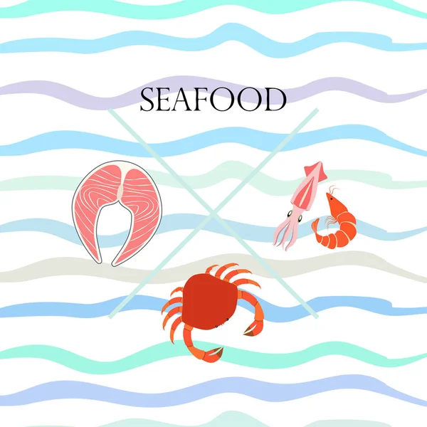 Poissons, crevettes, crabes, calmars. Fruits de mer vecteurs. Design gastronomique et restaurant. — Image vectorielle