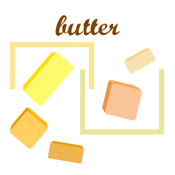 Vector yellow stick of butter. Slices of margarine or spread, fatty natural dairy product. High-calorie food for cooking and eating. — ストックベクタ