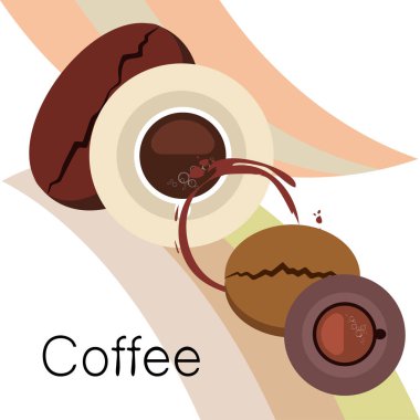 Kahve fincanı, kahve taneleri, kahvaltı konsepti. Restoran için İçecek menüsü, vektör arka plan.