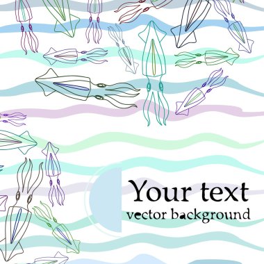 Mürekkep balığı taze deniz ürünleri. Vektör arka planı. Yemek ve restoran tasarımı.