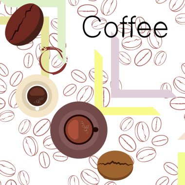 Kahve fincanı, kahve taneleri, kahvaltı konsepti. Restoran için İçecek menüsü, vektör arka plan.