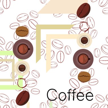 Kahve fincanı, kahve taneleri, kahvaltı konsepti. Restoran için İçecek menüsü, vektör arka plan.