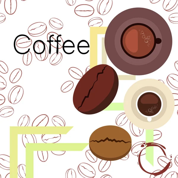 Kaffekopp, kaffe korn, frukost koncept. Dryckesmeny för restaurang, vektor bakgrund. — Stock vektor
