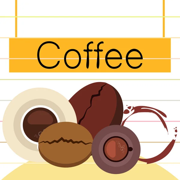Φλιτζάνι καφέ, κόκκοι καφέ, ιδέα για πρωινό. Μενού ποτών για εστιατόριο, διανυσματικό φόντο. — Διανυσματικό Αρχείο