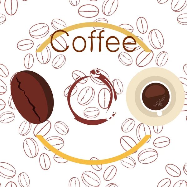 コーヒーカップ、コーヒー粒、朝食のコンセプト。レストランのドリンクメニュー、ベクトル背景. — ストックベクタ