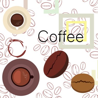 Kahve fincanı, kahve taneleri, kahvaltı konsepti. Restoran için İçecek menüsü, vektör arka plan.