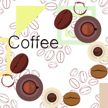 Kahve fincanı, kahve taneleri, kahvaltı konsepti. Restoran için İçecek menüsü, vektör arka plan.