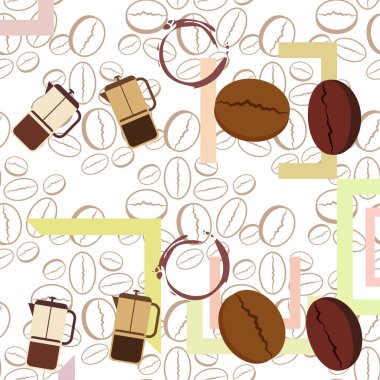 Fransız kahvesi, kahve çekirdekleri, dökülmüş kahve, vektör illüstrasyonu. Bir kafe için tasarım elemanları. Vektör arkaplanı.