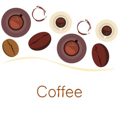 Kahve fincanı, kahve taneleri, kahvaltı konsepti. Restoran için İçecek menüsü, vektör arka plan.