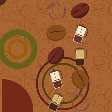 Fransız kahvesi, kahve çekirdekleri, dökülmüş kahve, vektör illüstrasyonu. Bir kafe için tasarım elemanları. Vektör arkaplanı.