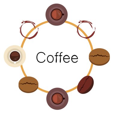 Kahve fincanı, kahve taneleri, kahvaltı konsepti. Restoran için İçecek menüsü, vektör arka plan.